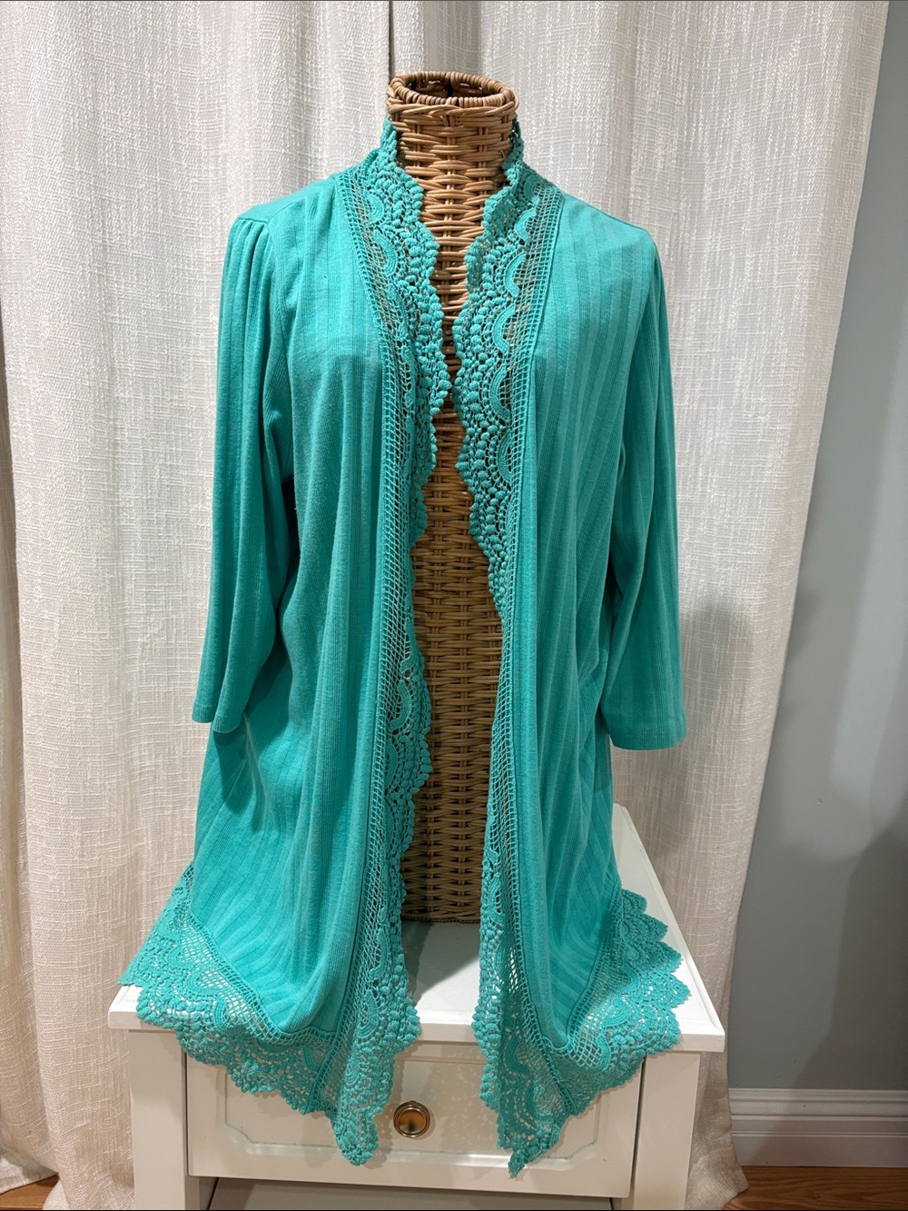 Roaman's Teal Crochet-Trim cardigan